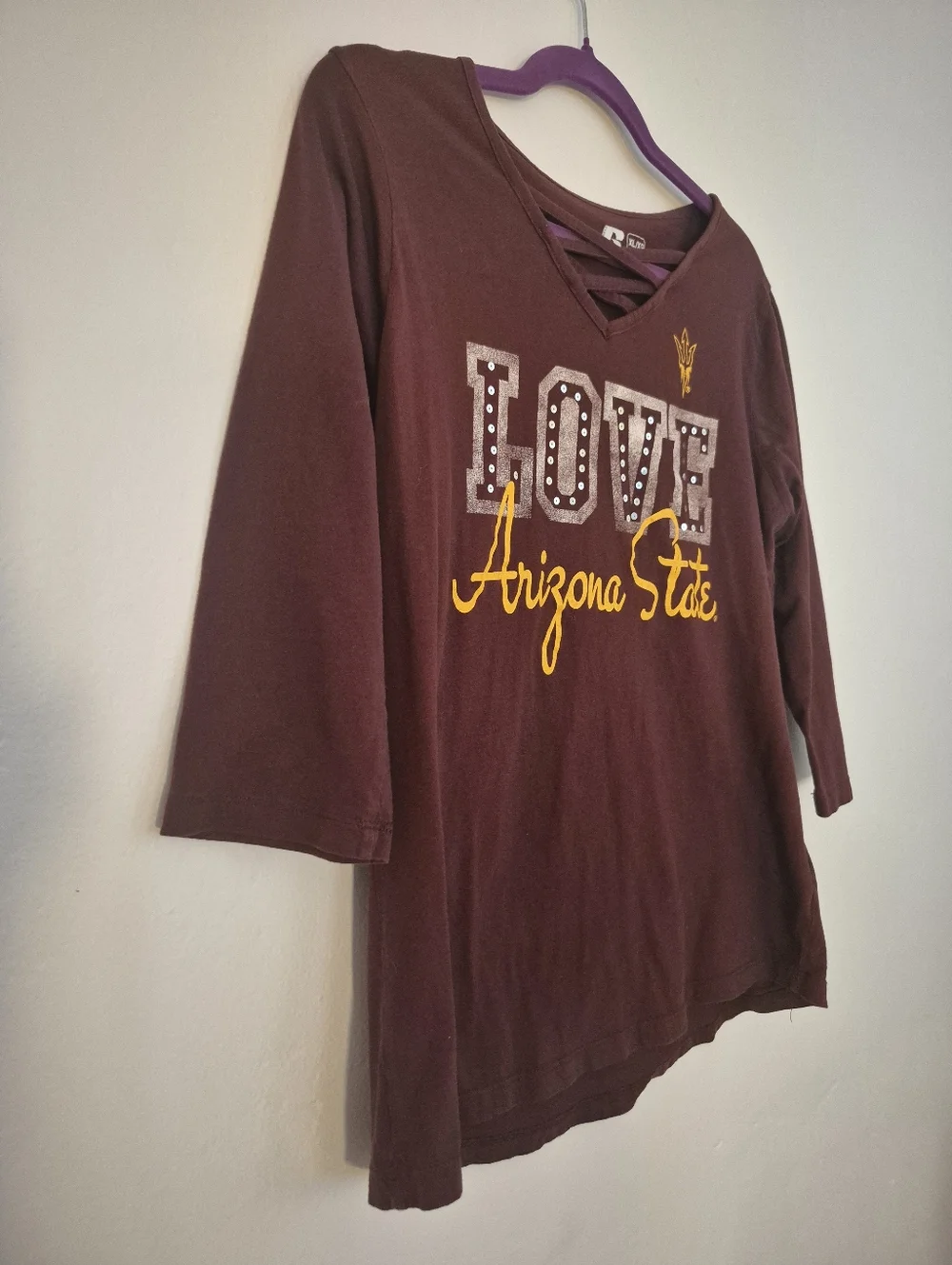 ASU XL Maroon Top Shirt Back Criss Cross Sparkle & Print - Picture 4 of 6